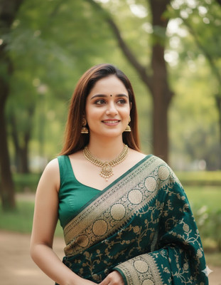 Bindi Checkered Banarasi Art Silk, Pure Silk Saree(Dark Green)