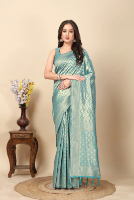 J6 Designers Woven Banarasi Art Silk, Jacquard Saree(Blue)