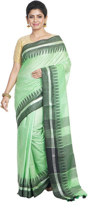 Aamir Fashion Textile Solid/Plain, Temple Border Bollywood Handloom Cotton Linen Saree(Light Green)