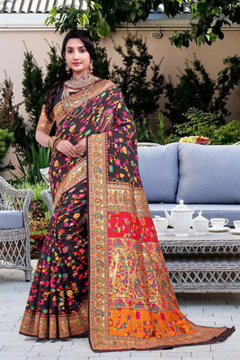 Wovenza Self Design, Woven Bollywood Cotton Blend, Semi-Pashmina Saree(Black)