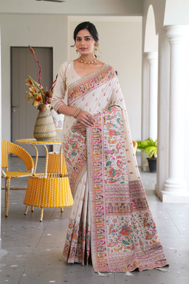 Tasrika Woven Kanjivaram Cotton Silk Saree(White)