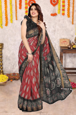MIRCHI FASHION Printed, Blocked Printed, Embroidered Kantha Cotton Blend Saree(Red, Black)