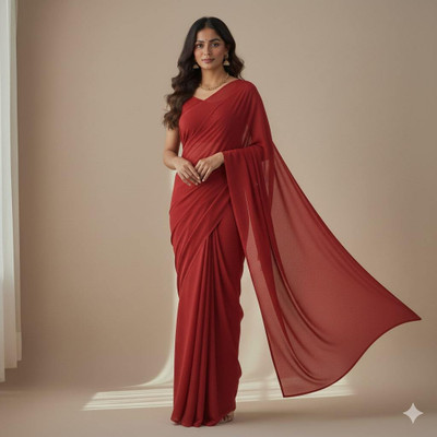 Lighthouse Solid/Plain Bollywood Georgette Saree(Red)