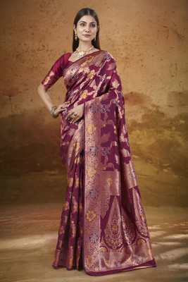 Divastri Floral Print Banarasi Silk Blend Saree(Maroon)