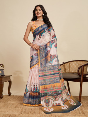VISVASTA Woven Bollywood Linen Saree(Cream)
