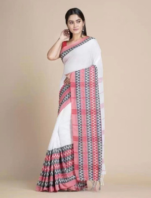 Amita Collections Woven Handloom Pure Cotton Saree(White)