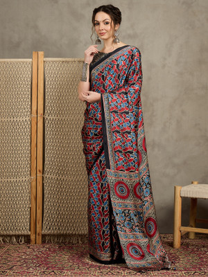 Tasrika Printed Hand Batik Crepe Saree(Black)