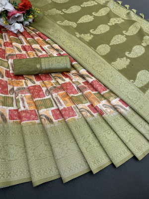 Sanskriti Synthetics Floral Print Handloom Polyester Saree(Light Green)