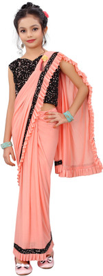 VRAJTEX FAB Solid/Plain Bollywood Lycra Blend Saree(Orange, Black)