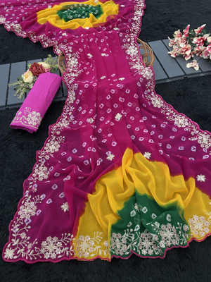 ASTEYAM Embroidered Bandhani Georgette Saree(Pink, Multicolor)