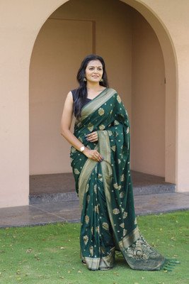 ROOP LAVANYA Woven Banarasi Jacquard, Cotton Linen Saree(Dark Green)
