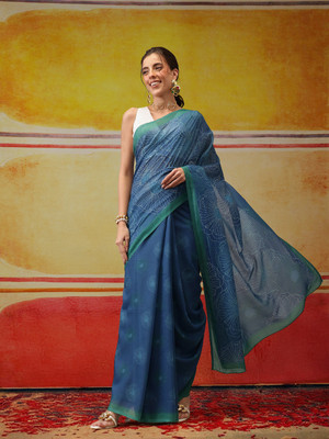 SILK ZONE Digital Print Banarasi Cotton Blend Saree(Light Blue)