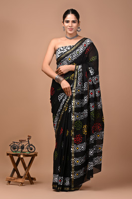 MANIHARI Printed, Blocked Printed, Hand Painted, Floral Print Daily Wear Pure Cotton Saree(Black)