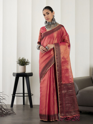 Vichitra Woven, Self Design Banarasi Tissue, Silk Blend Saree(Pink)