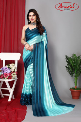 Anand Sarees Ombre, Striped Bollywood Satin Saree(Dark Blue, Light Blue)