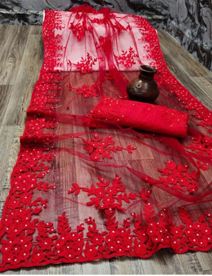 GALANI ENTERPRISE Embroidered Bollywood Net Saree(Red)