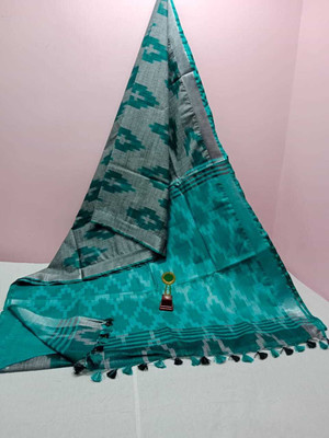 Nisha Creation Printed Bollywood Cotton Linen Saree(Green, Grey)