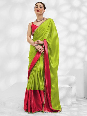 Divastri Embellished, Color Block, Solid/Plain Bollywood Georgette Saree(Green, Pink)