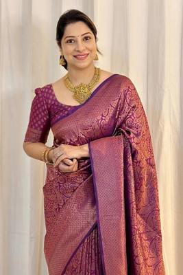 MAHADEV DESIGN Woven Banarasi Pure Silk Saree(Purple)