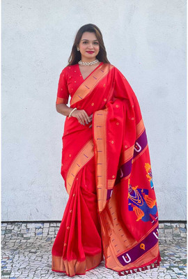 CP TEXTILE Embellished Paithani Art Silk Saree(Red)
