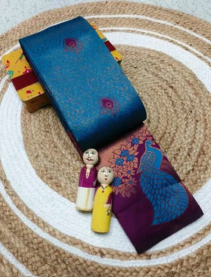 KanjiQueen Woven Kanjivaram Silk Blend, Pure Silk Saree(Light Blue, Magenta)