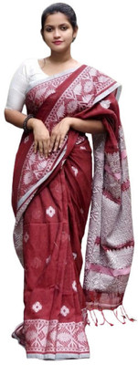 ANU INDIAN FASHION Woven Handloom Cotton Blend Saree(Maroon)