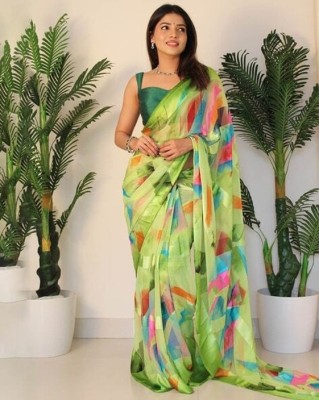 Sindharat Fashion Floral Print, Digital Print, Printed, Solid/Plain Daily Wear Georgette, Satin Saree(Light Green)