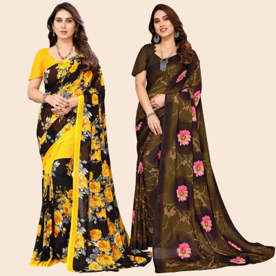 Anand Sarees Printed Daily Wear Georgette Saree(Pack of 2, Pink, Brown)