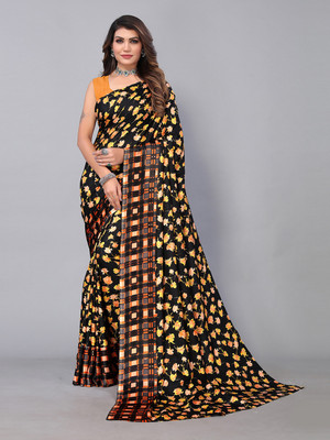 Shaily Retails Floral Print Daily Wear Silk Blend Saree(Black)