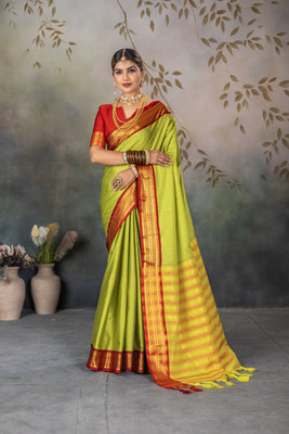 Fashion Club Collection Woven Maheshwari Cotton Silk Saree(Light Green)
