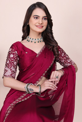 2SD gratitude Embroidered, Solid/Plain, Self Design Bollywood Chiffon, Art Silk Saree(Pink)