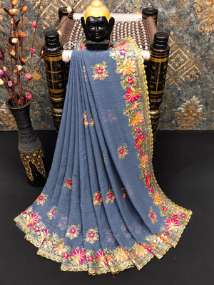 KHRITI FAB Embroidered, Floral Print Bollywood Georgette Saree(Grey)