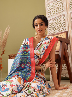 Divastri Digital Print Ikkat Silk Blend Saree(White)
