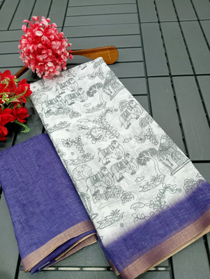 AARAANA Printed Kanjivaram Linen Saree(White)