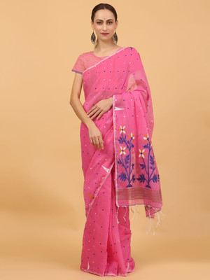 NIBIRAPON Polka Print, Floral Print, Printed Jamdani Pure Cotton Saree(Pink)
