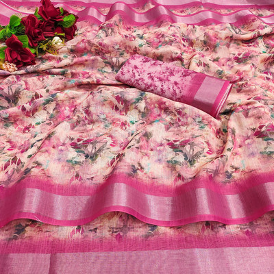 Myraani Floral Print Daily Wear Cotton Linen Saree(Pink)