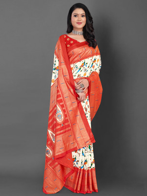 Divastri Printed Daily Wear Silk Blend Saree(White)