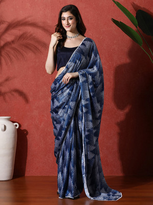 Sangria Printed Saree with Attached Blouse Satin Saree(Blue)