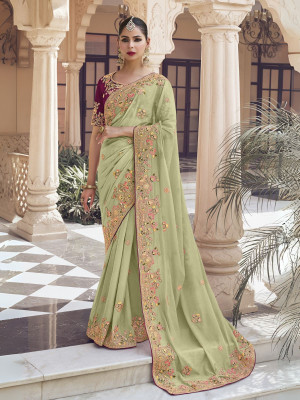 odette Embroidered Saree with Attached Blouse Georgette Saree(Green)