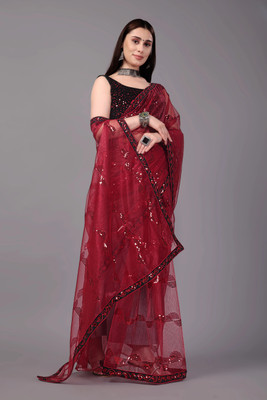 SROLY Embroidered Bollywood Net Saree(Maroon)