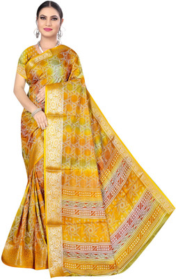 INDONIQ Printed Mysore Tussar Silk Saree(Mustard)