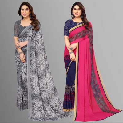 Anand Sarees Floral Print, Polka Print, Ombre, Printed Bollywood Georgette Saree(Pack of 2, Pink, Dark Blue, Grey)