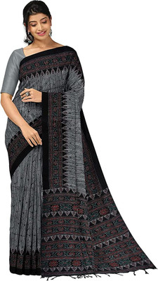 Joyguru Textile Printed Handloom Cotton Blend Saree(Grey)