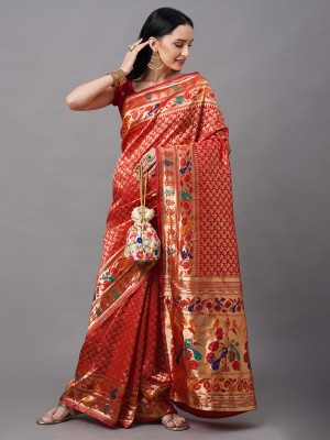 Divastri Woven Paithani Silk Blend Saree(Red)
