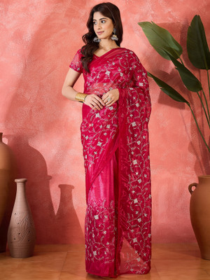manvaa Embroidered Daily Wear Net Saree(Magenta)