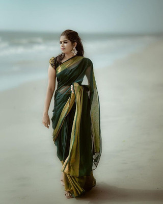 V And V Shop Solid/Plain Bollywood Georgette, Chiffon Saree(Green)