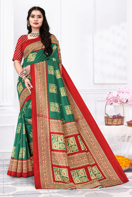 Grubstaker Printed Assam Silk Art Silk Saree(Green)