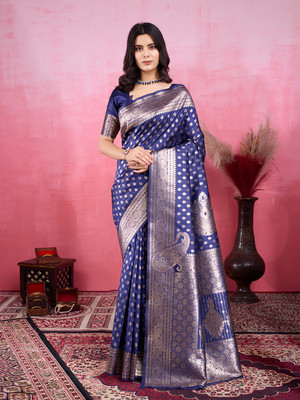 SIDDHESHWAR Self Design Assam Silk Lycra Blend Saree(Blue)