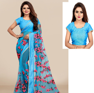 RE Renny Enterprise Embroidered Bollywood Net Saree(Light Blue)