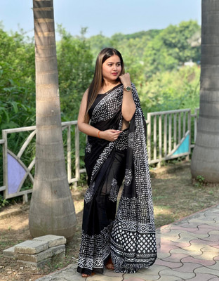 JASU CREATION Printed Bollywood Pure Cotton Saree(Black)
